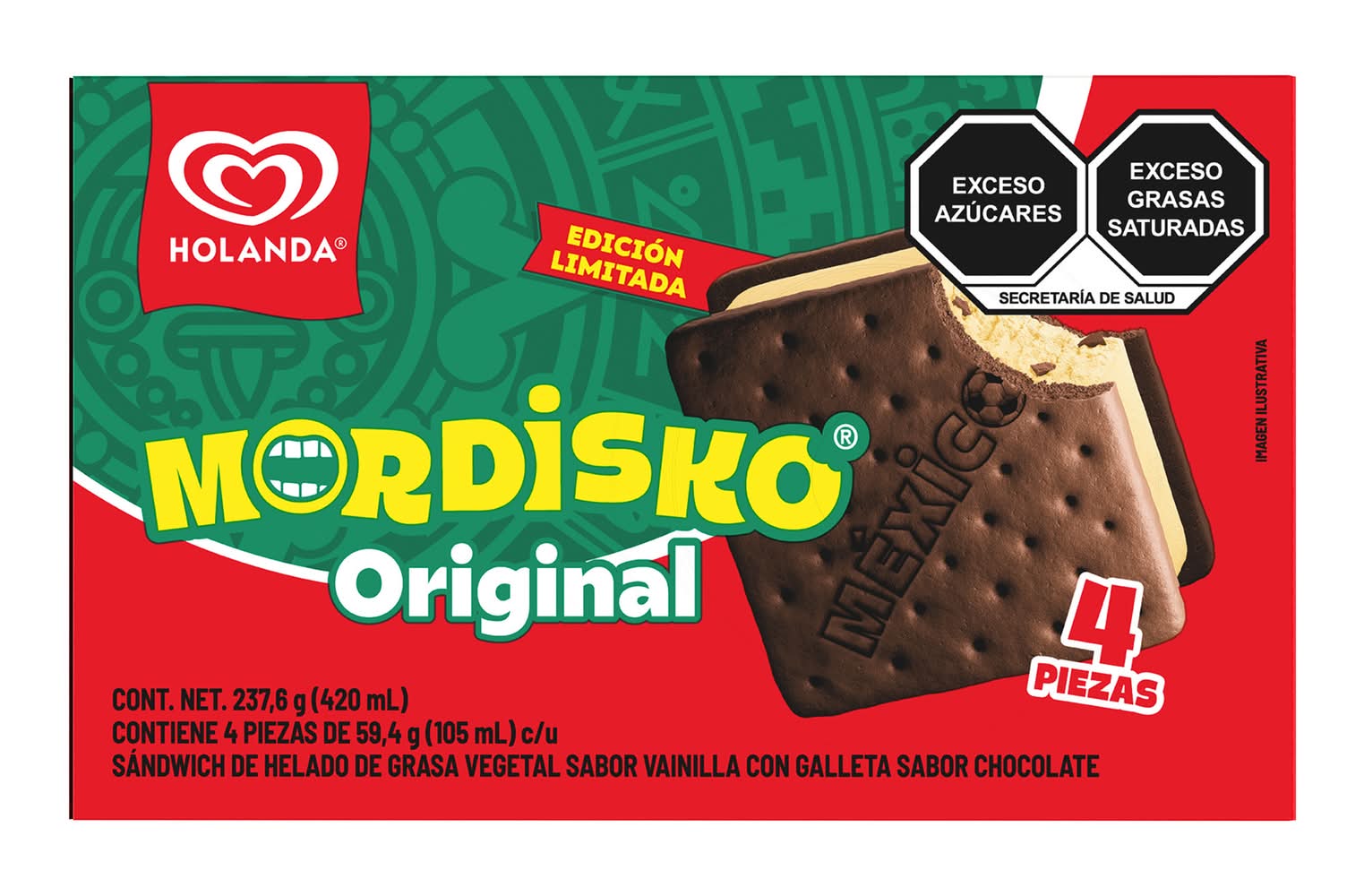 Mordisko · Sándwich helado de crema vegetal, vainilla-chocolate (4 x 59,4 g)