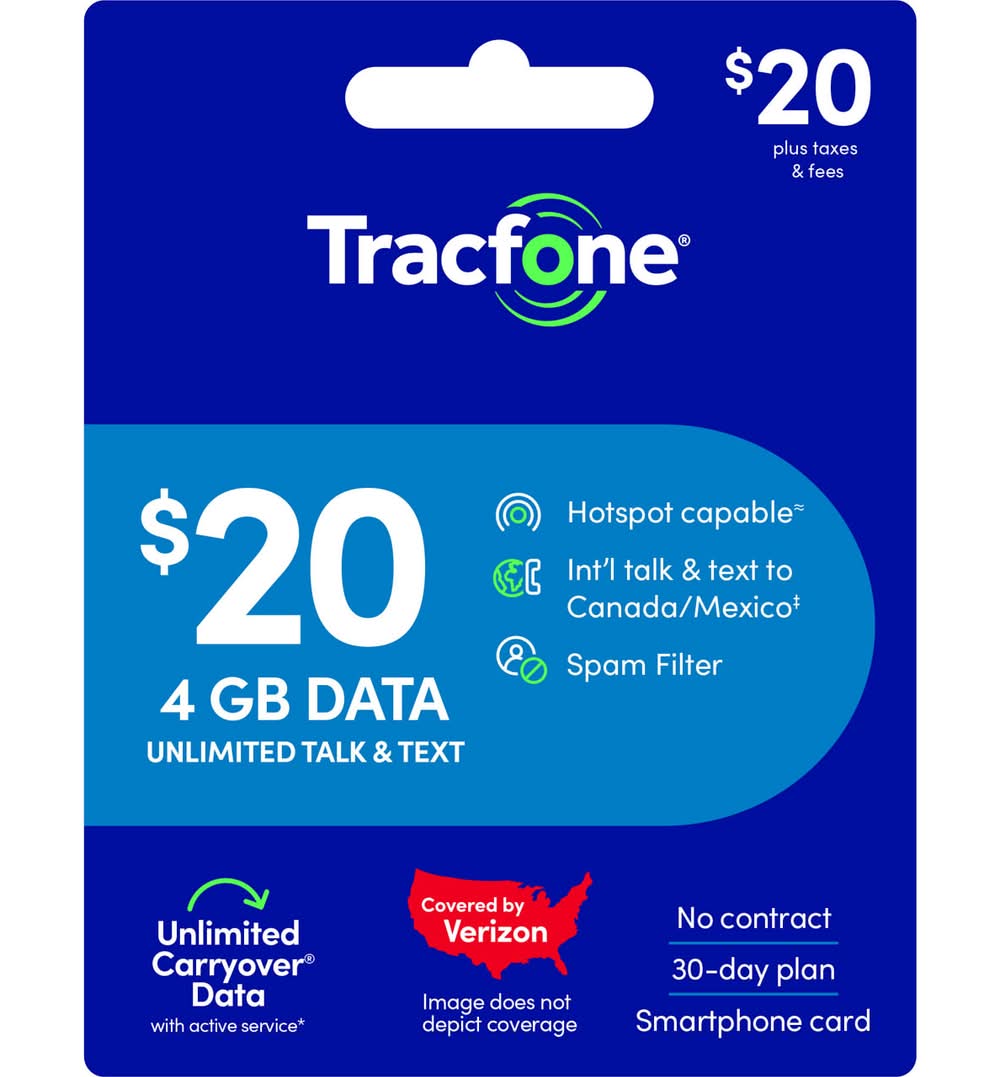 Tracfone $20 Smartphone Unlimited Talk & Text 30-Day Prepaid Plan (4 Gb At High Speed)
