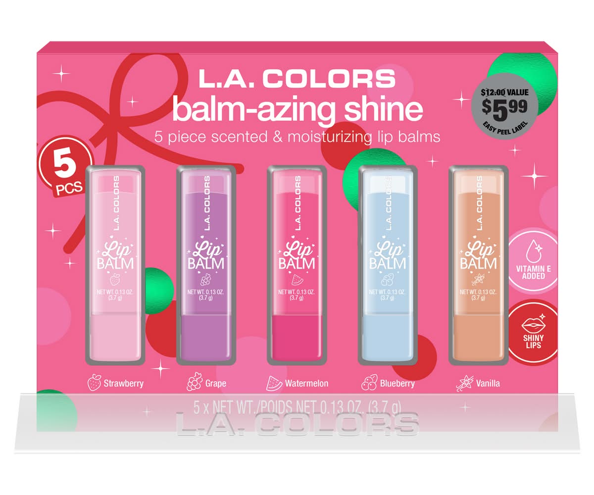 L.A. Colors Balm-Azing Shine Lip Balm Gift Set, Strawberry-Grape-Watermelon-Blueberry-Vanilla (0.13 oz, 5 ct)
