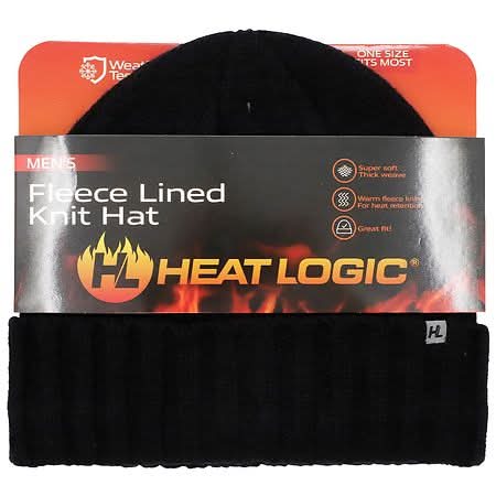 Heat Logic Fleece Lined Knit Beanie Hat With Cuff, Men, OSFM, Black