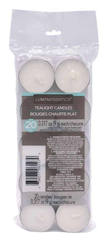 Luminessence Multi-Purpose Unscented Tealight Candles, White (20 ct)