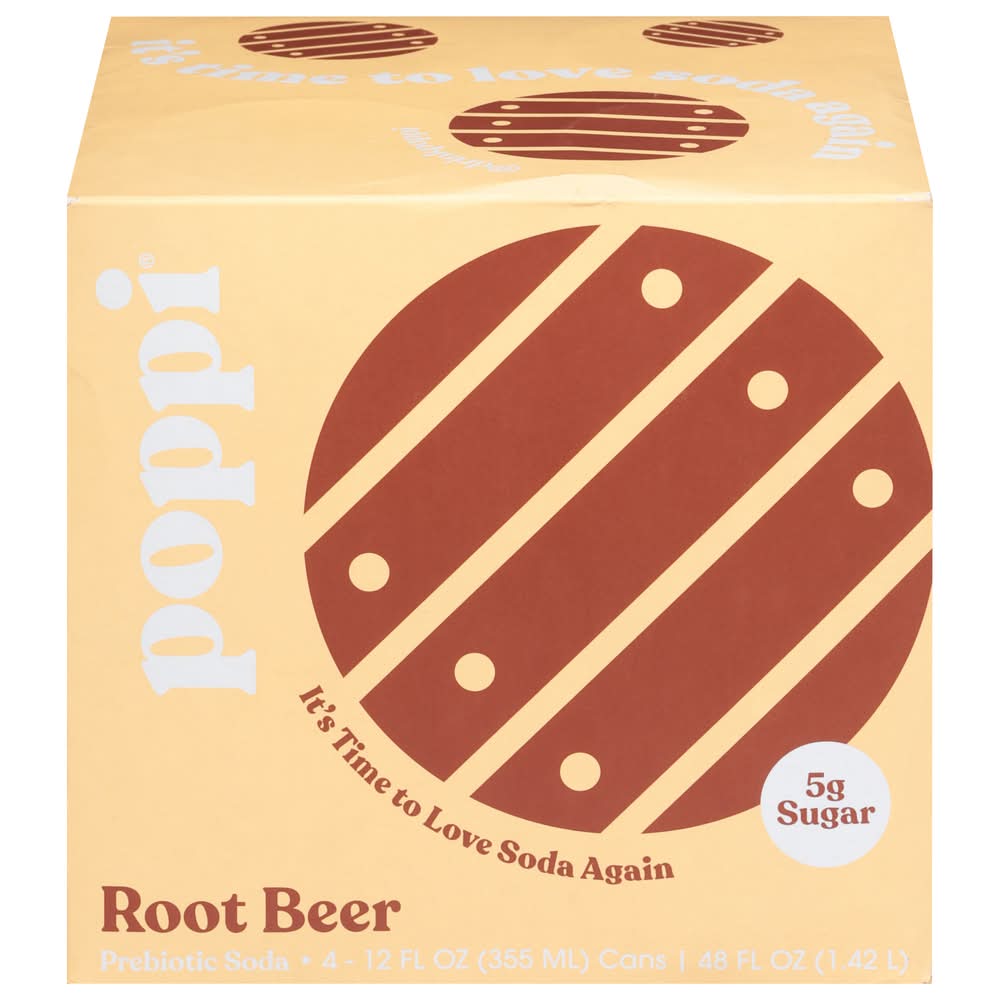 poppi Root Beer Prebiotic Soda, Root Beer (4 x 12 fl oz)