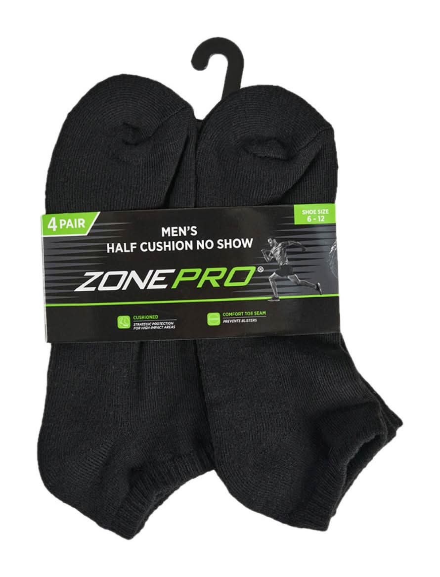 Zone Pro Men?S Half Cushion Black No Show Socks Size 6 To 12 4 Pk