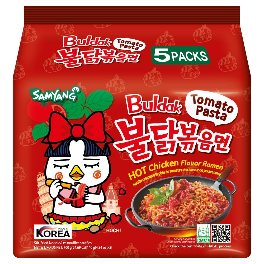 Buldak Tomato Pasta Ramen Noodles, Hot Chicken (5 x 140g)