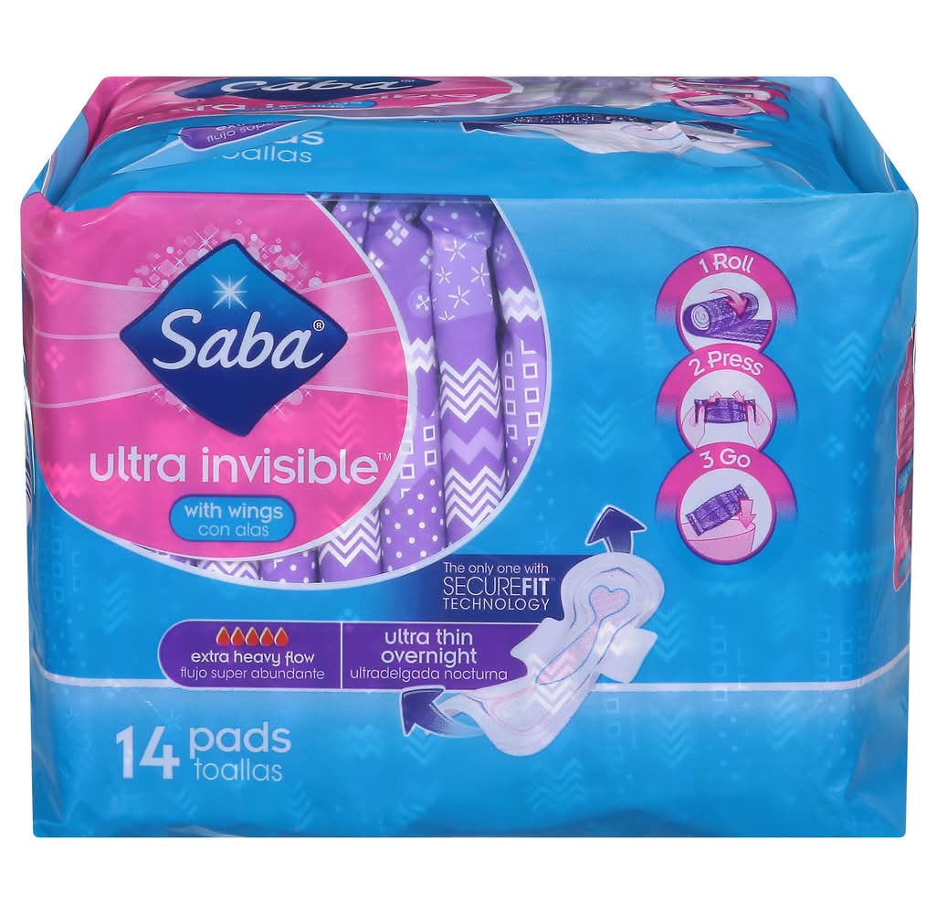 Saba Ultra Invisible Ultra Thin Overnight Pads With Wings (4.2 oz)