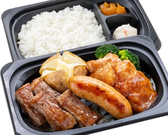 プライムサーロインカットステーキ約100g&ジャンボフランク&炭焼き風チキングリル弁当
