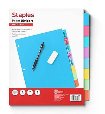 Staples Large Tab Blank Paper Dividers, 8-Tab, Multicolor, Customizable Binder Dividers for Office & School