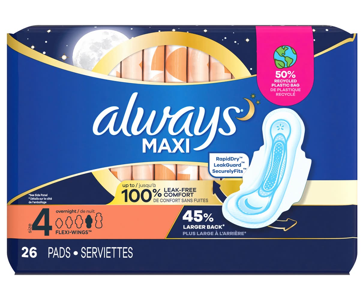 Always Maxi Overnight Flexi Wings Sanitary Pads, 4 (26 ct)