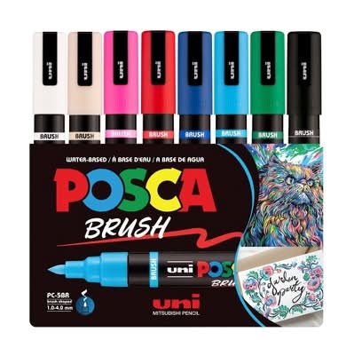 Uniball Posca Water-Based Paint Markers Reversible Brush Tip, White-Yellow-Pink-Red-Blue-Light Blue-Green-Black., 1.0-4.0 mm (8 ct)