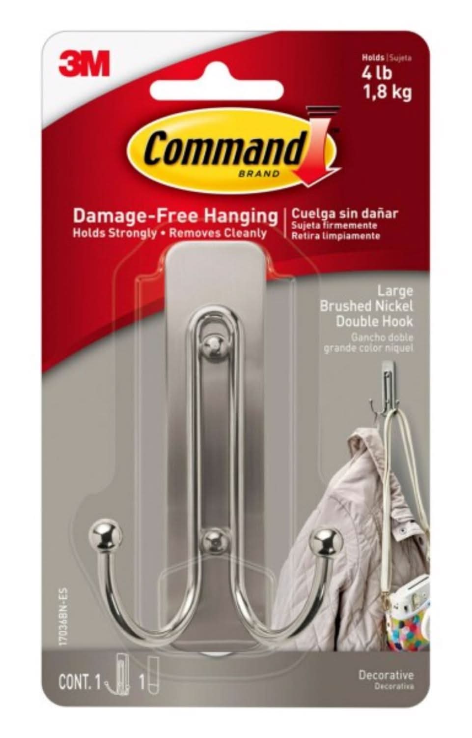 3M Command 2 In. L Brushed Nickel Metal Large Double Hook 4 Lb. Cap. 1 Pk