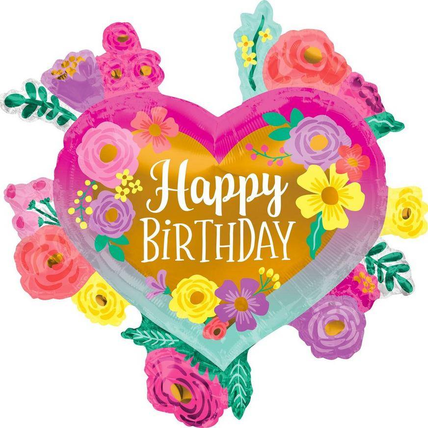 Party City Painted Flowers Happy Birthday Heart Foil Balloon (multi)