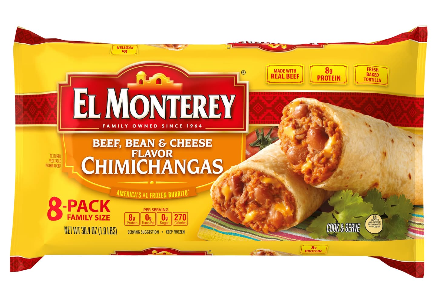 El Monterey Flavored Chimichangas, Beef Bean & Cheese (30.4 oz, 8 ct)