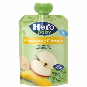 Bolsita de manzana y plátano desde 4 meses sin azúcar añadido Hero Baby sin gluten 100 g.