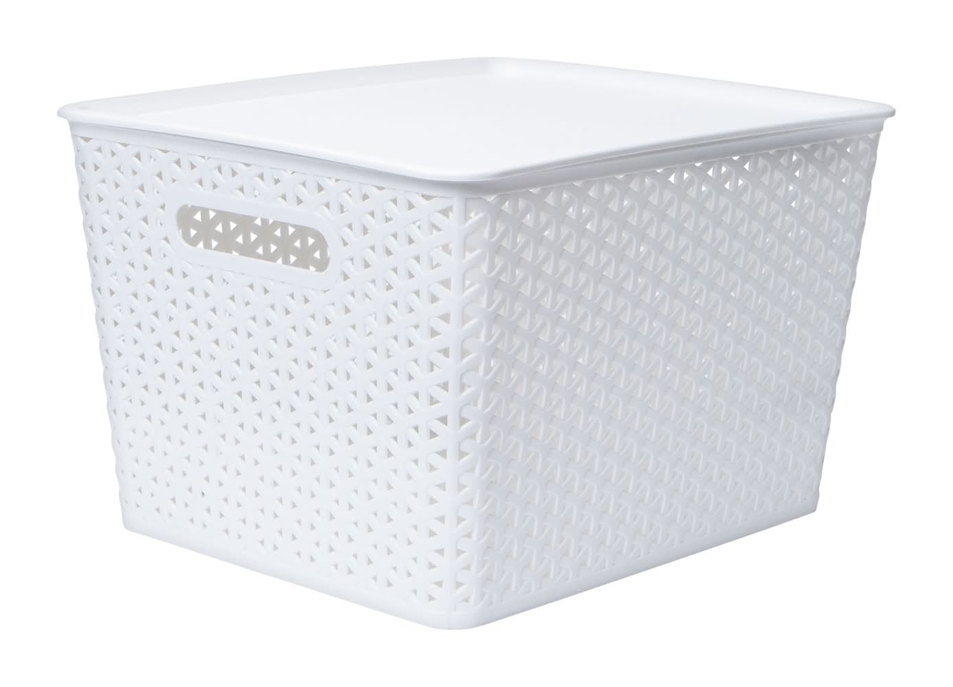 Large Plastic Weave Bin With Lid White