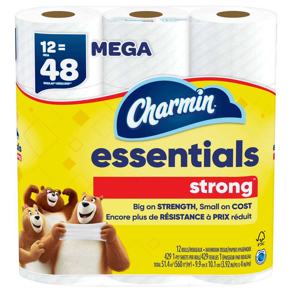 Charmin Essentials Strong Toilet Paper Mega Rolls, 3.92x4 in (3.6 lbs, 12 ct)