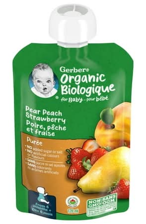 Gerber Organic Biologique Pear Peach Strawberry Purée (128 ml)