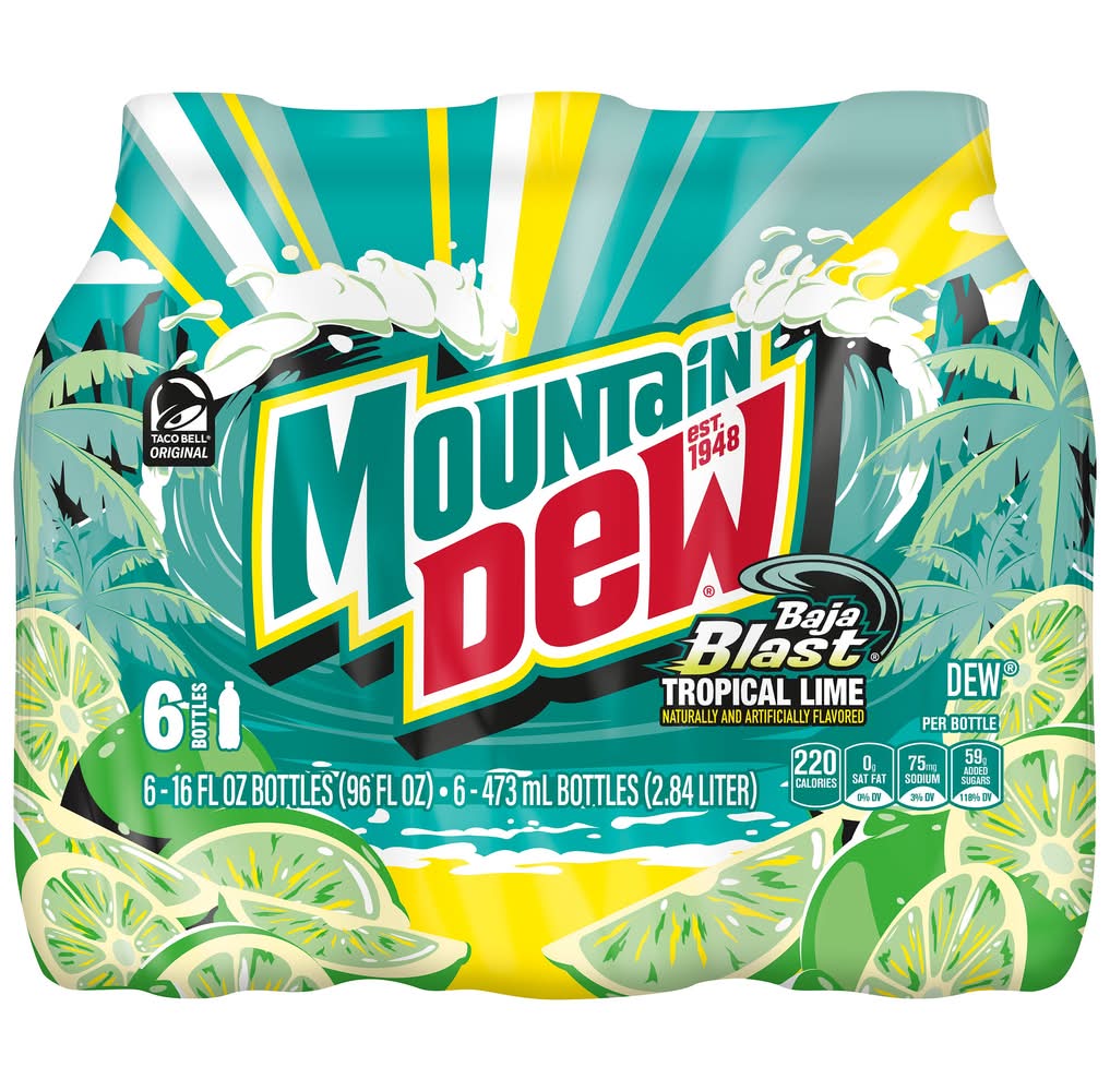 Mountain Dew Baja Blast Natural & Artificial Flavor Soda, Tropical Lime (6 x 16 fl oz)