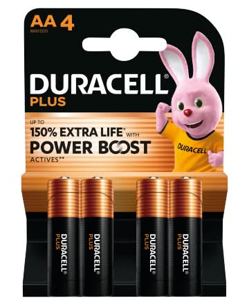 Duracell AA, Extra Life Plus Alkaline Batteries (4 pack)