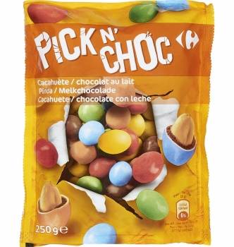 Grageas de cacahuetes recubiertos de chocolate Pickn'Choc Carrefour 250 g.