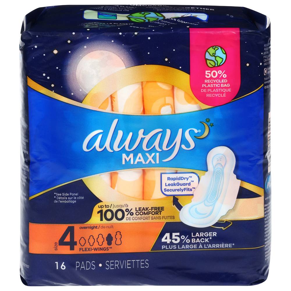 Always Maxi Overnight Pads With Wings Overnight, Unscented, 4 (16 ct)