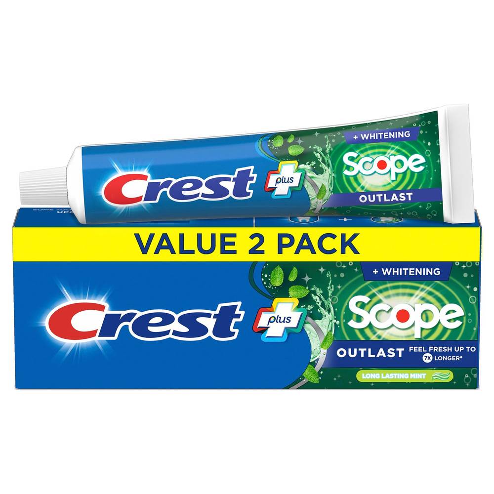 Crest + Scope Outlast Complete Whitening Toothpaste, Mint, 5.4 Oz, 2 Pack