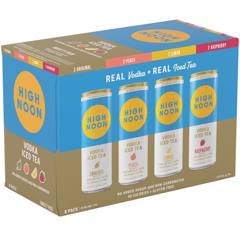 High Noon Vodka Hard Iced Tea, Original-Lemon-Raspberry-Peach (8 x 355 ml)