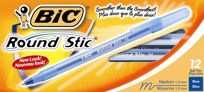 Bic Round Stic Extra Value Ballpoint Stick Pens, 1.0mm, Blue (12/pack)