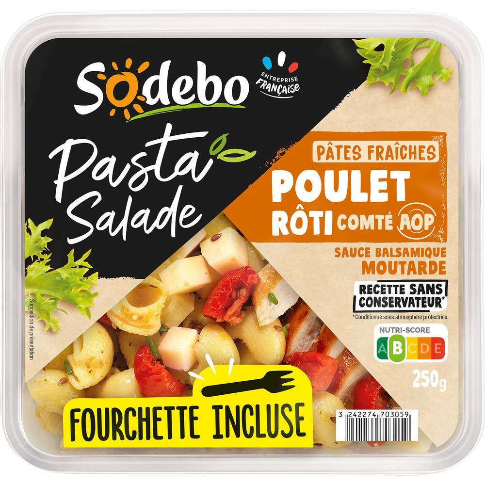 Salade Pâtes poulet rôti comté AOP sauce balsamique moutarde SODEBO - la salade de 250 g