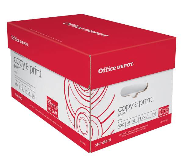 Office Depot® Multi-Use Printer & Copy Paper, 10 Reams, White, Letter (8.5" x 11"), 5000 Sheets Per Case, 20 Lb, 92 Brightness