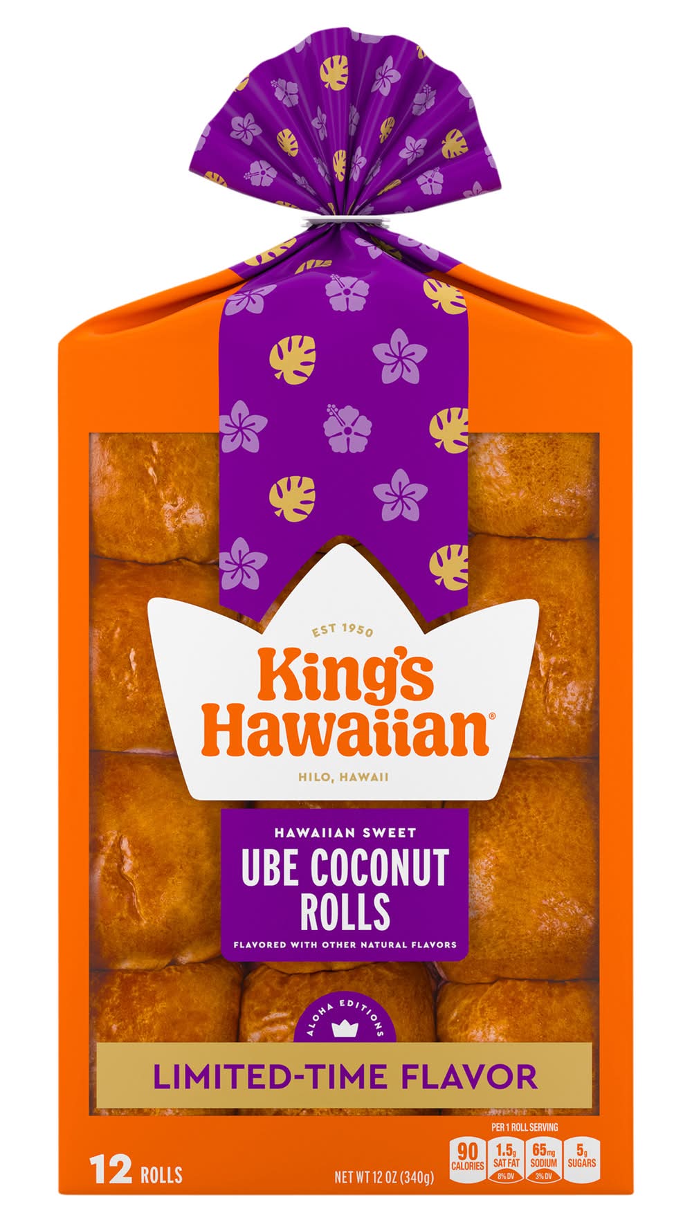 King's Hawaiian Hawaiian Sweet Bun Rolls, Ube Coconut (12 oz, 12 ct)