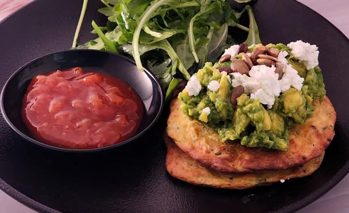 Smashed Avo on Corn and Zucchini Fritters
