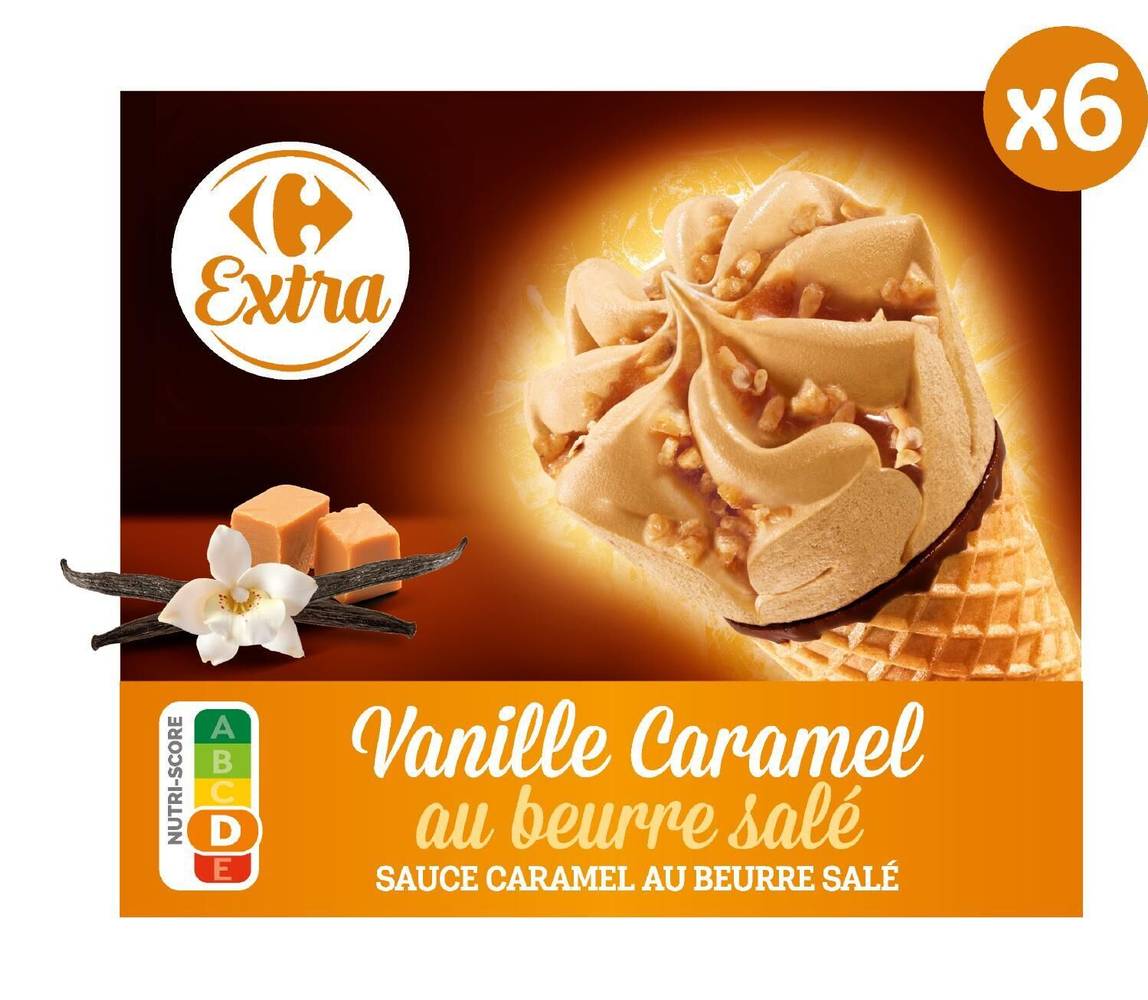 Carrefour Extra - Glace cône vanille caramel beurre salé (6 pièces)