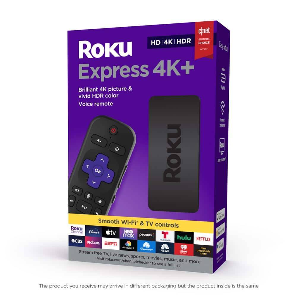 Roku Express 4K+:Streaming Device Hd/4K/Hdr, Fast Wi-Fi, Voice Remote With Tv Controls, And Premium Hdmi Cable