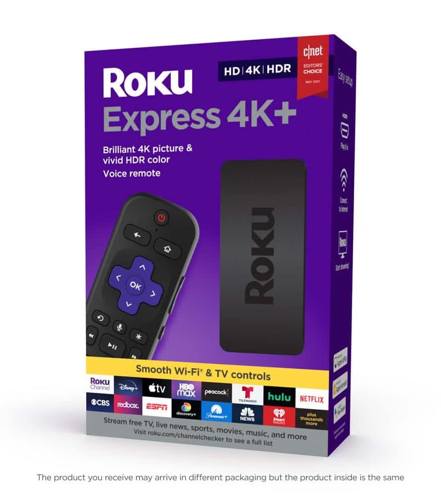 Roku Express 4K+:Streaming Device Hd/4K/Hdr, Fast Wi-Fi, Voice Remote With Tv Controls, And Premium Hdmi Cable