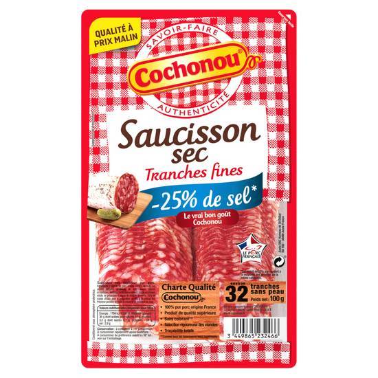 Saucisson sec tranches fines -25% de sel - cochonou - 0.1kg