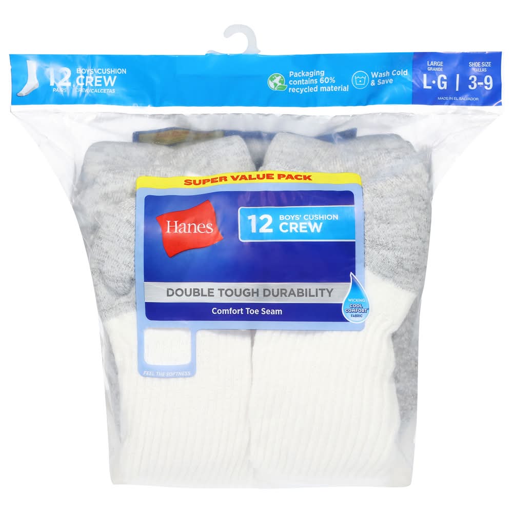 Hanes Boys Cushion Crew Socks Super Value pack, L (12 ct)