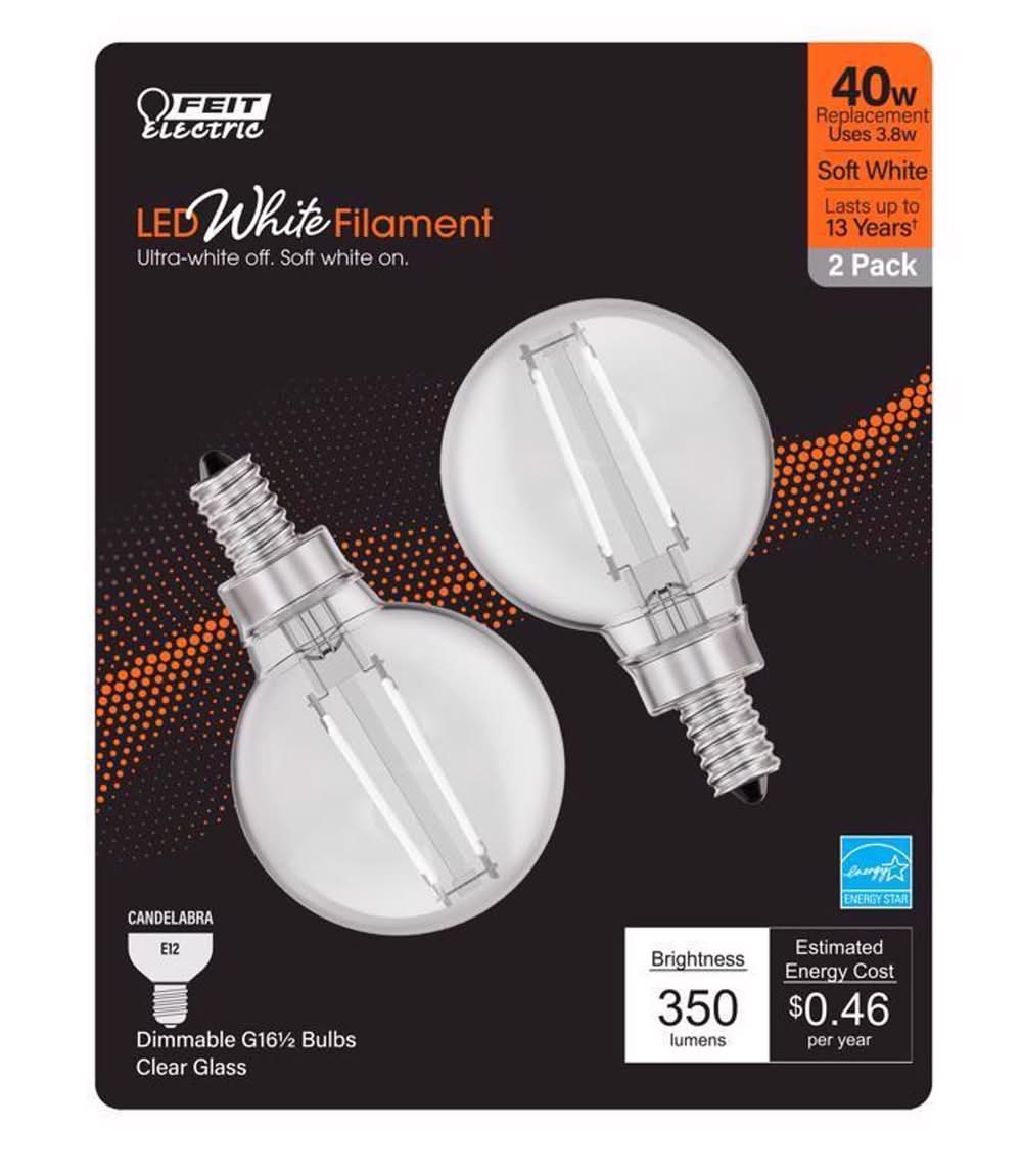 Feit White G16.5 E12 (Candelabra) Filament Led Bulb Soft White 40 Watt Equivalence 2 Pk