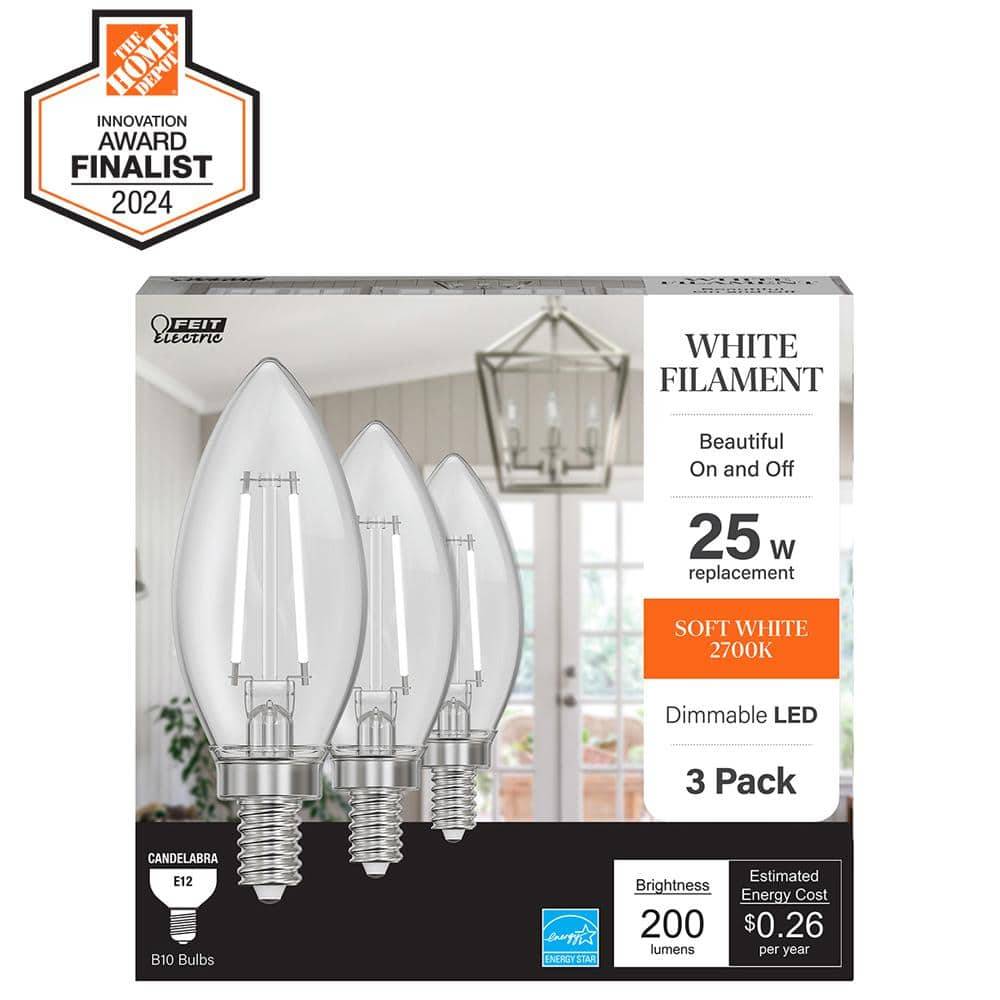 Feit Electric 25-Watt White Filament Clear Glass Chandelier Led Light Bulb, Soft White 2700K (3 ct)