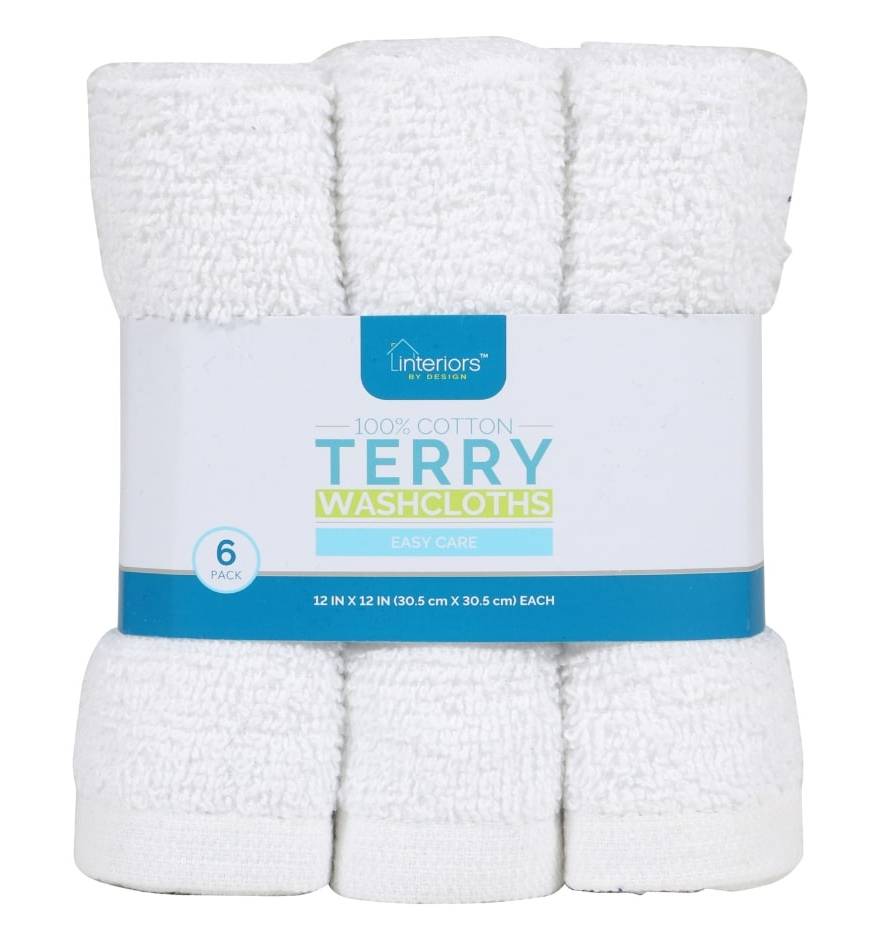 Interiors by Design 100% Cotton Terry Washcloths, 12x12 in, White (6 ct)