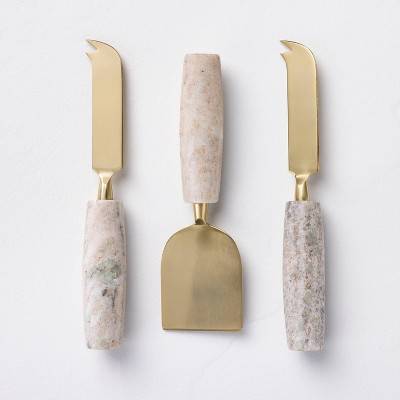 3pc Brass Cheese Knives with Marble Handles Warm Beige - Hearth & Hand™ with Magnolia