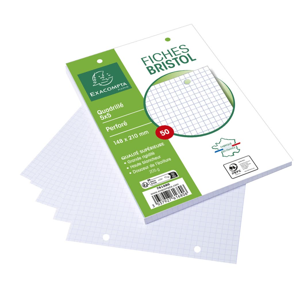 Exacompta - Fiches bristol blanches perforees sous film avec encart (320g)