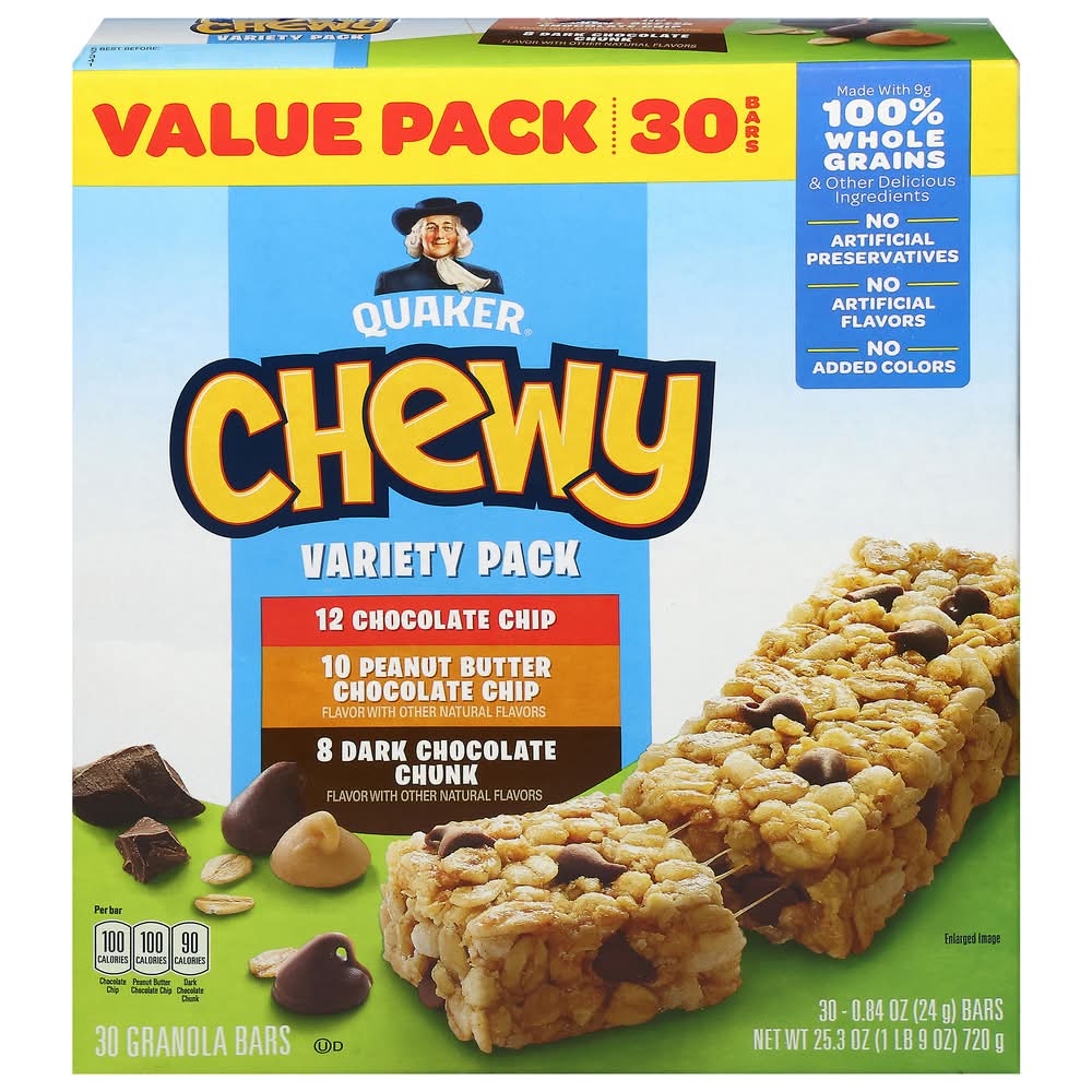 Quaker Chewy Granola Bars Variety pack, Chocolate Chip-Peanut Butter Chocolate Chip-Dark Chocolate Chunk (30 x 0.84 oz)