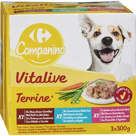 Pâtée pour chiens assortiment terrines CARREFOUR COMPANINO - les 3 boites de 300g