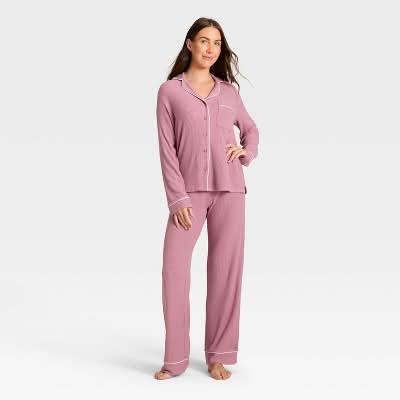 Women's Cozy Ribbed Notch Collar Long Sleeve Shirt and Pants Pajama Set - Auden™ Pink XS