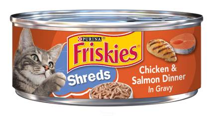 Friskies Purina Wet Cat Food Savory Shreds Chicken & Salmon Dinner In Gravy 5.50 Oz Can