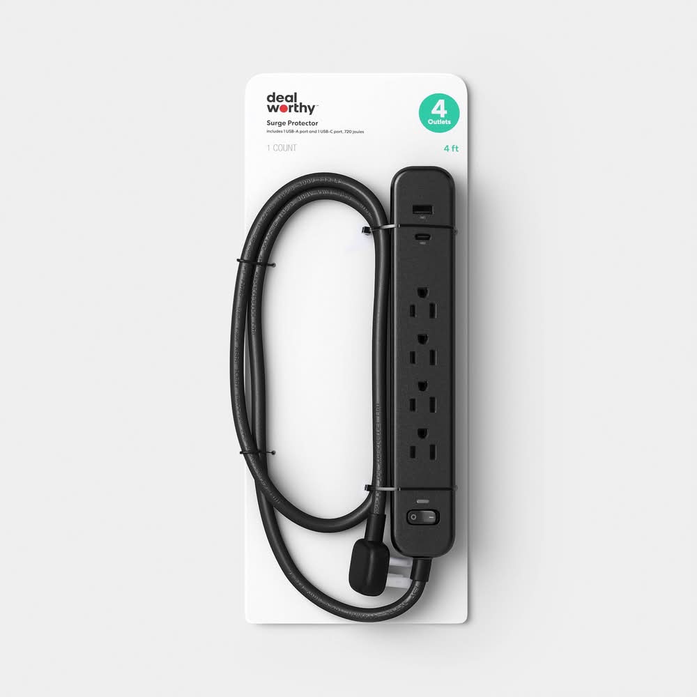 Dealworthy Surge Protector 4 Outlet Usb-A and Usb-C, Black