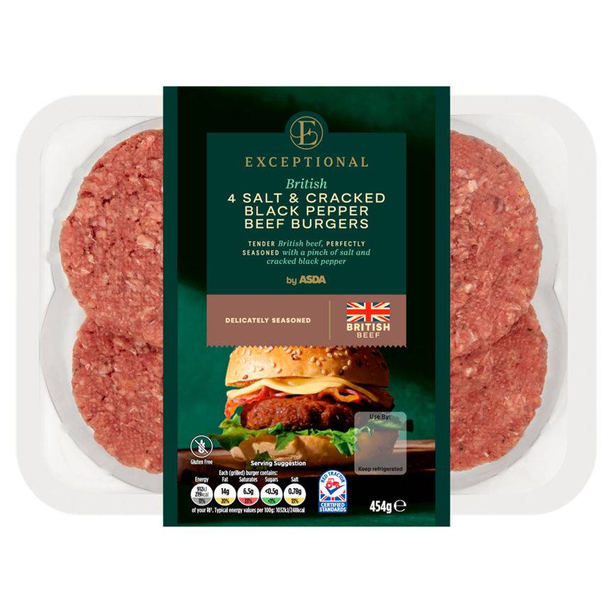 Asda Exceptional British Salt & Cracked Black Pepper Beef Burgers (4 ct)