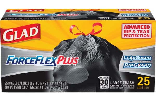 Glad® ForceFlex® Drawstring Trash Bags, 1.05 mil, 30 Gallons, Black, Box Of 25