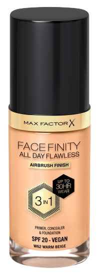 Max Factor Warm Beige W62, All Day Flawless 3 in 1 Vegan Foundation Spf 20 (30ml)