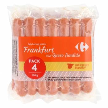 Salchichas con queso fundido estilo frankfurt Carrefour pack de 4 sobres de 140 g.